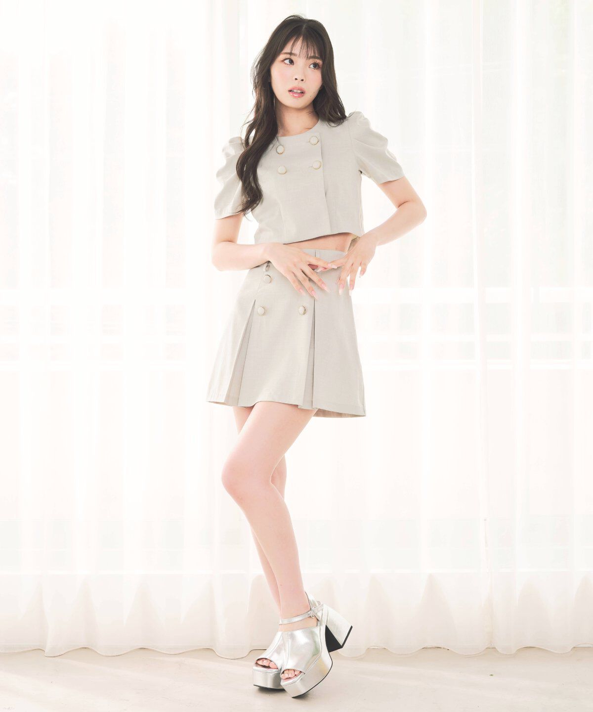 REDYAZEL「ボタン付きボックスプリーツスカート」|台形|