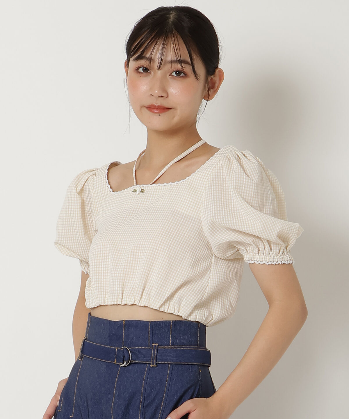 REDYAZEL「ギンガムチェックパフスリーブブラウス」|シャツ・ブラウス|ベージュ