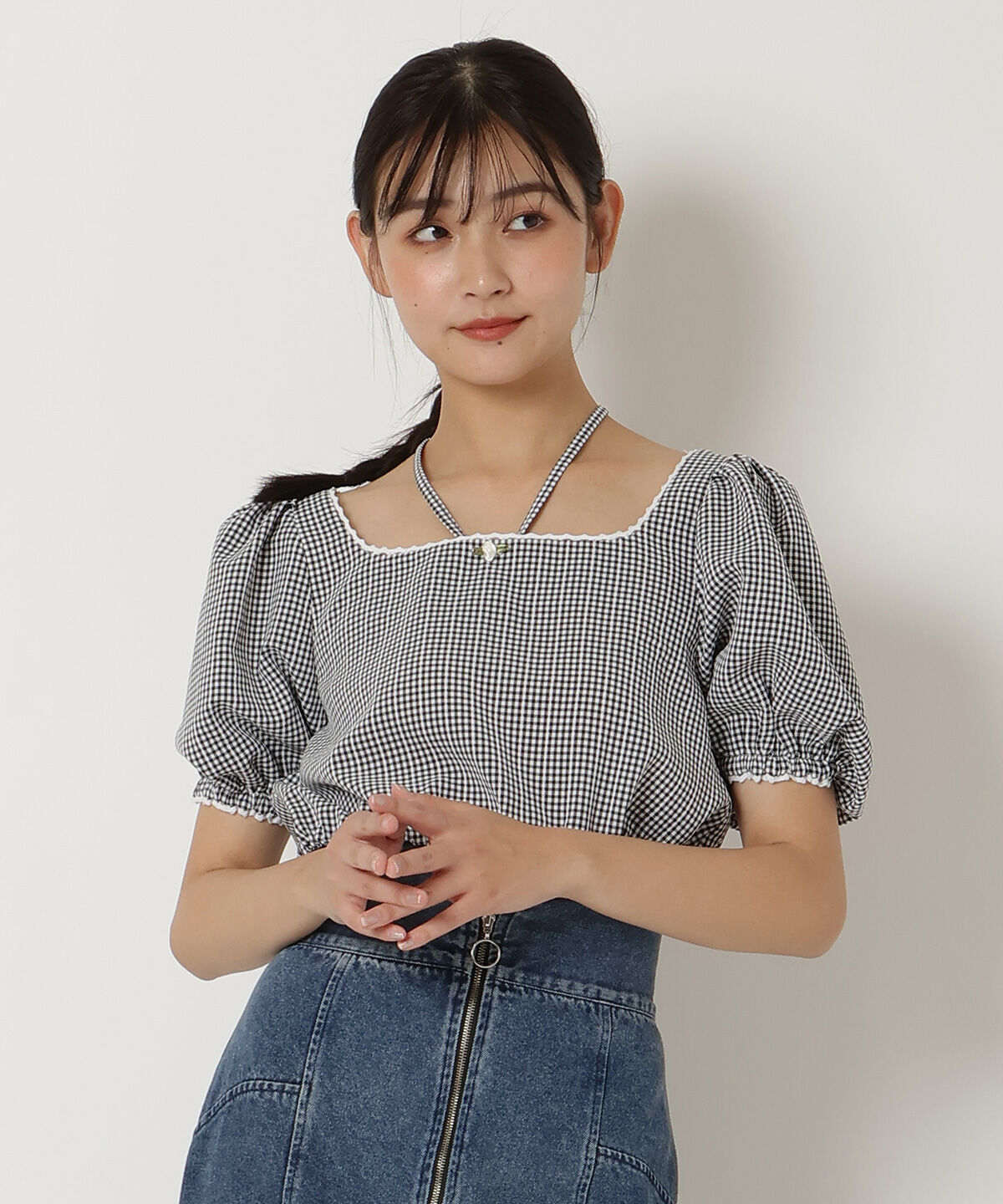 REDYAZEL「ギンガムチェックパフスリーブブラウス」|シャツ・ブラウス|ブラック