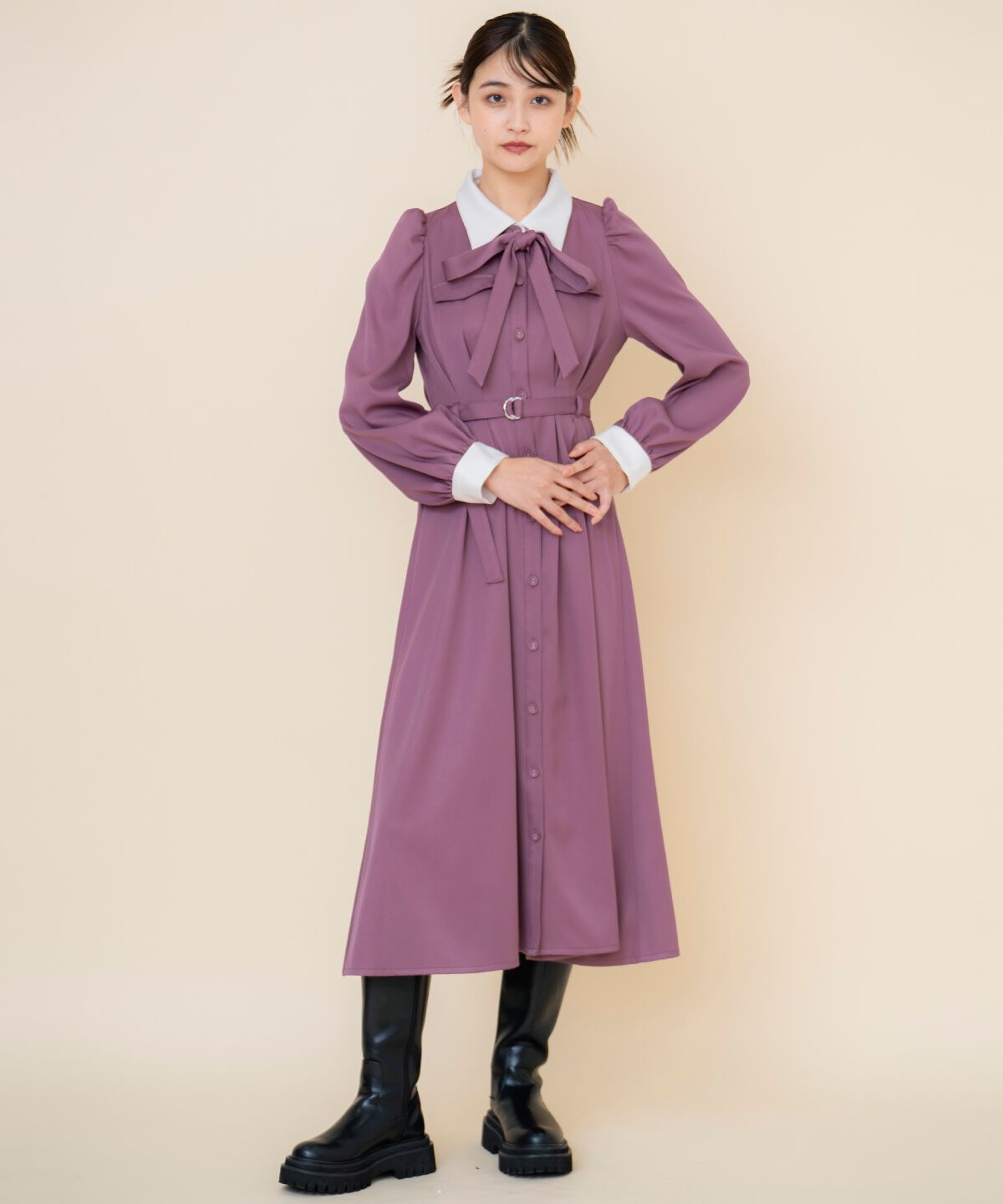 REDYAZEL「リボンタイパフスリーブワンピース」|ワンピース|ピンク