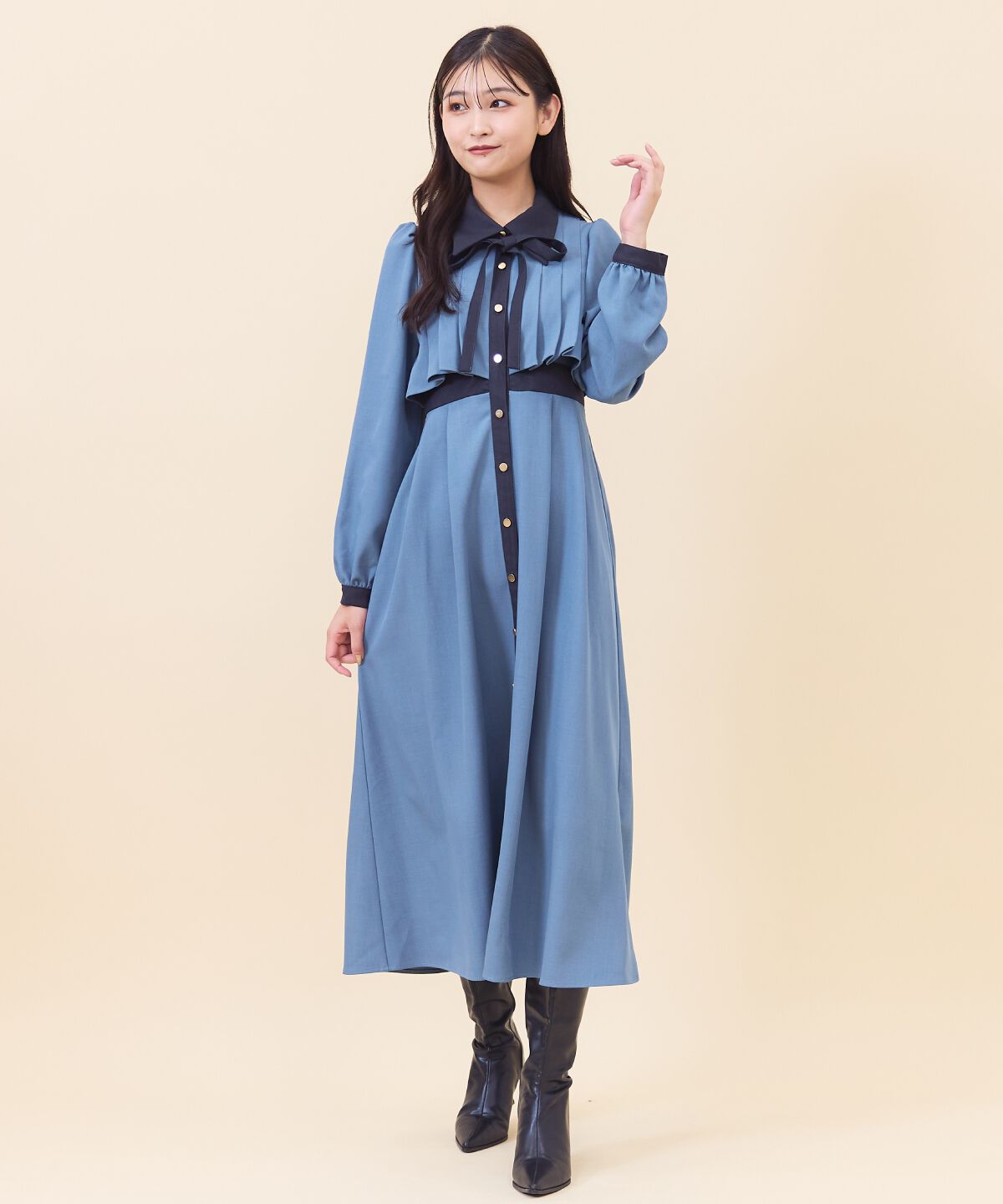 REDYAZEL「バイカラータックプリーツシャツワンピース」|ワンピース|グリーン