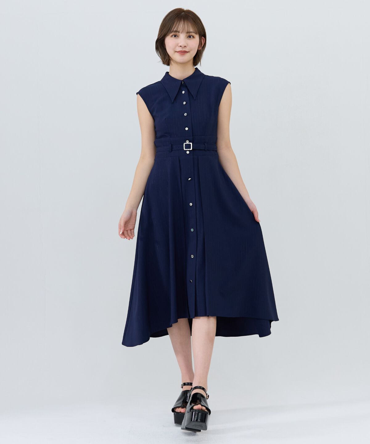 REDYAZEL「シャドーストライプノースリーブシャツワンピース」|ワンピース|