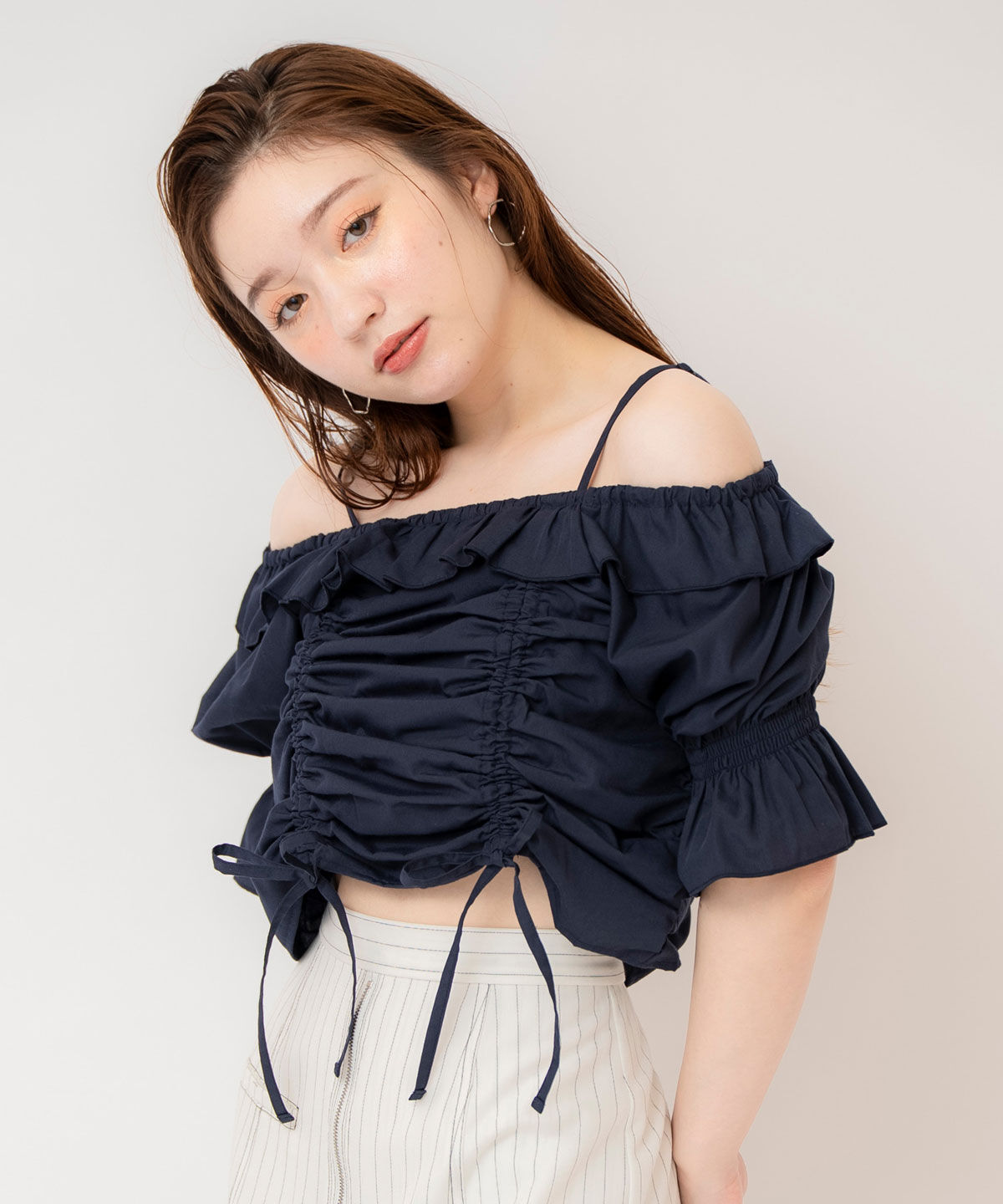 REDYAZEL「ドロストフリルオフショルブラウス」|シャツ・ブラウス|ネイビー