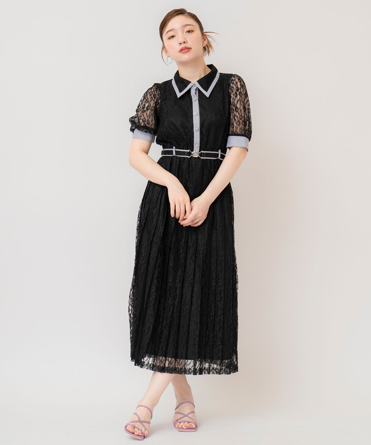 REDYAZEL「バイカラーレースプリーツワンピース」|ワンピース|ブラック
