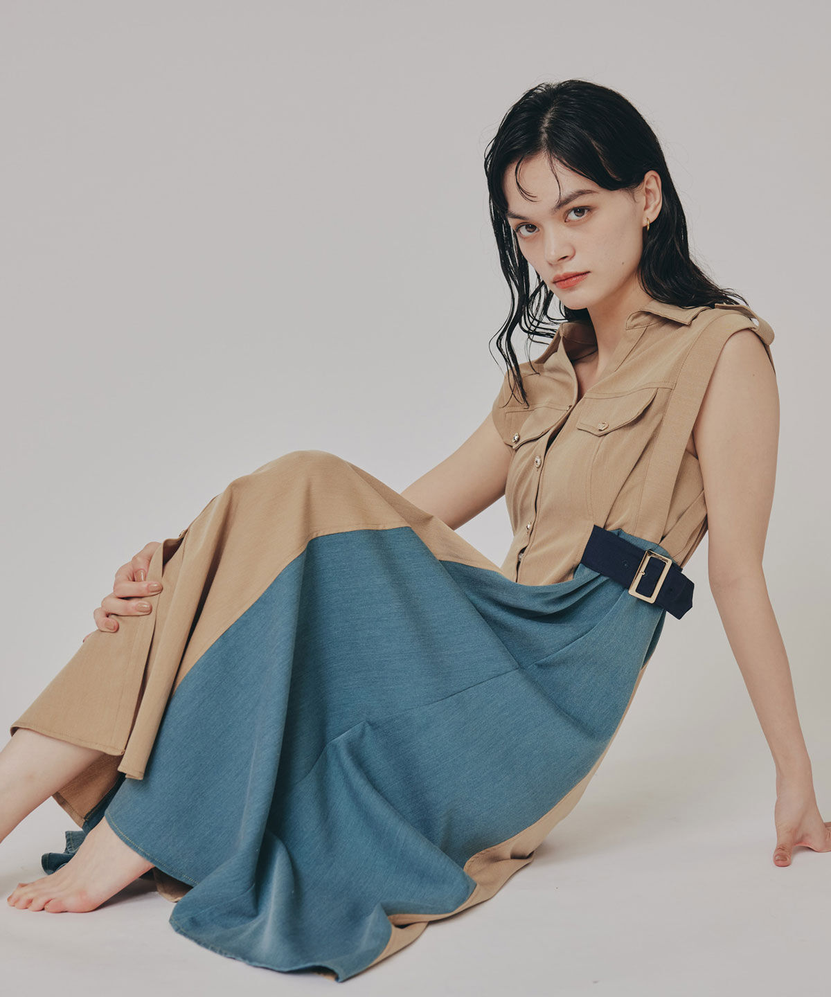 REDYAZEL「カラーブロックベルトシャツワンピース」|ワンピース|ベージュ