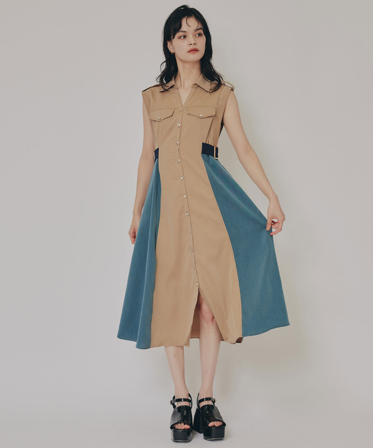 REDYAZEL「カラーブロックベルトシャツワンピース」|ワンピース|