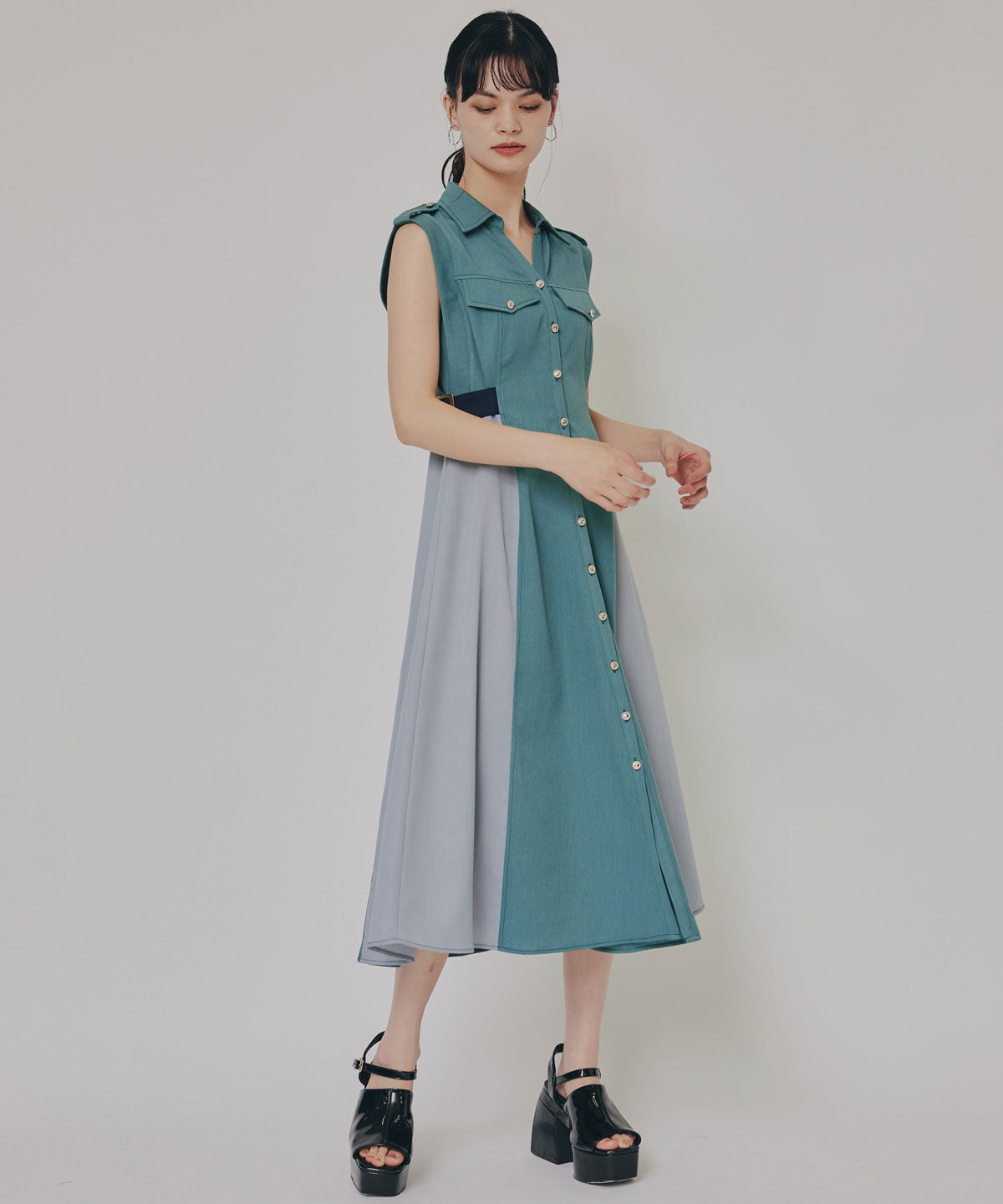 REDYAZEL「カラーブロックベルトシャツワンピース」|ワンピース|グリーン