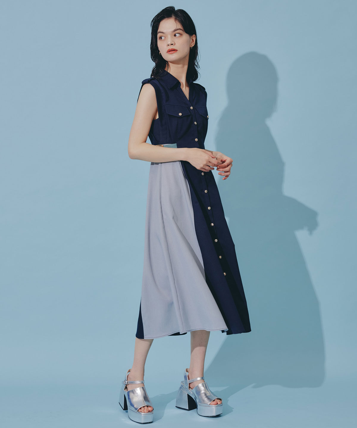 REDYAZEL「カラーブロックベルトシャツワンピース」|ワンピース|ネイビー