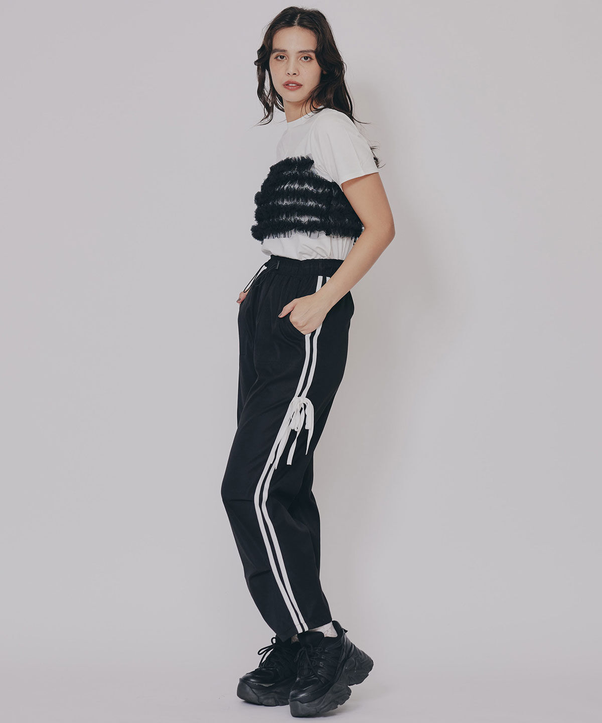 REDYAZEL「サイドリボンラインパラシュートパンツ」|その他|ブラック