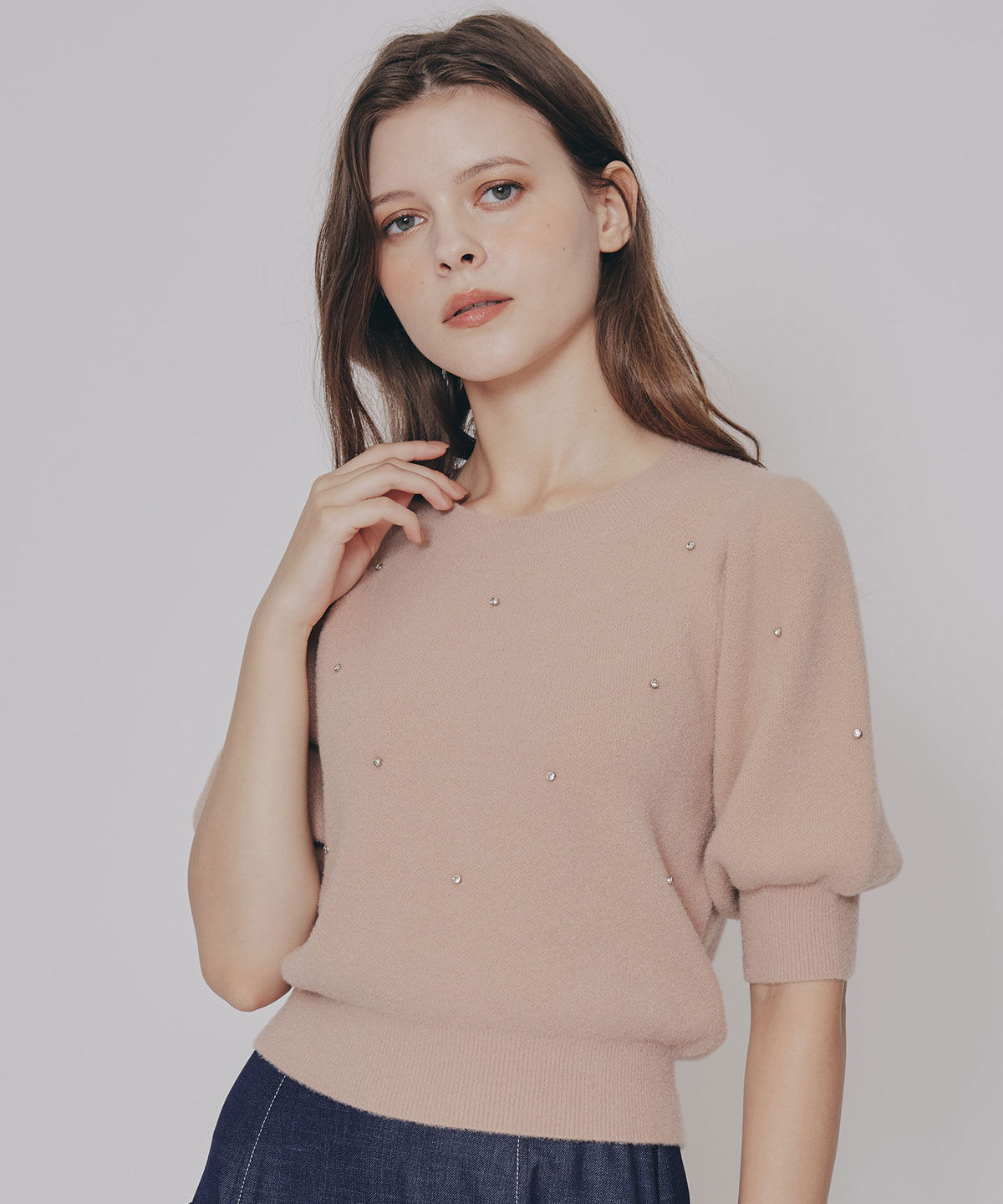 REDYAZEL「ビジューパフスリーブニットトップス」|ニット・セーター|ベージュ