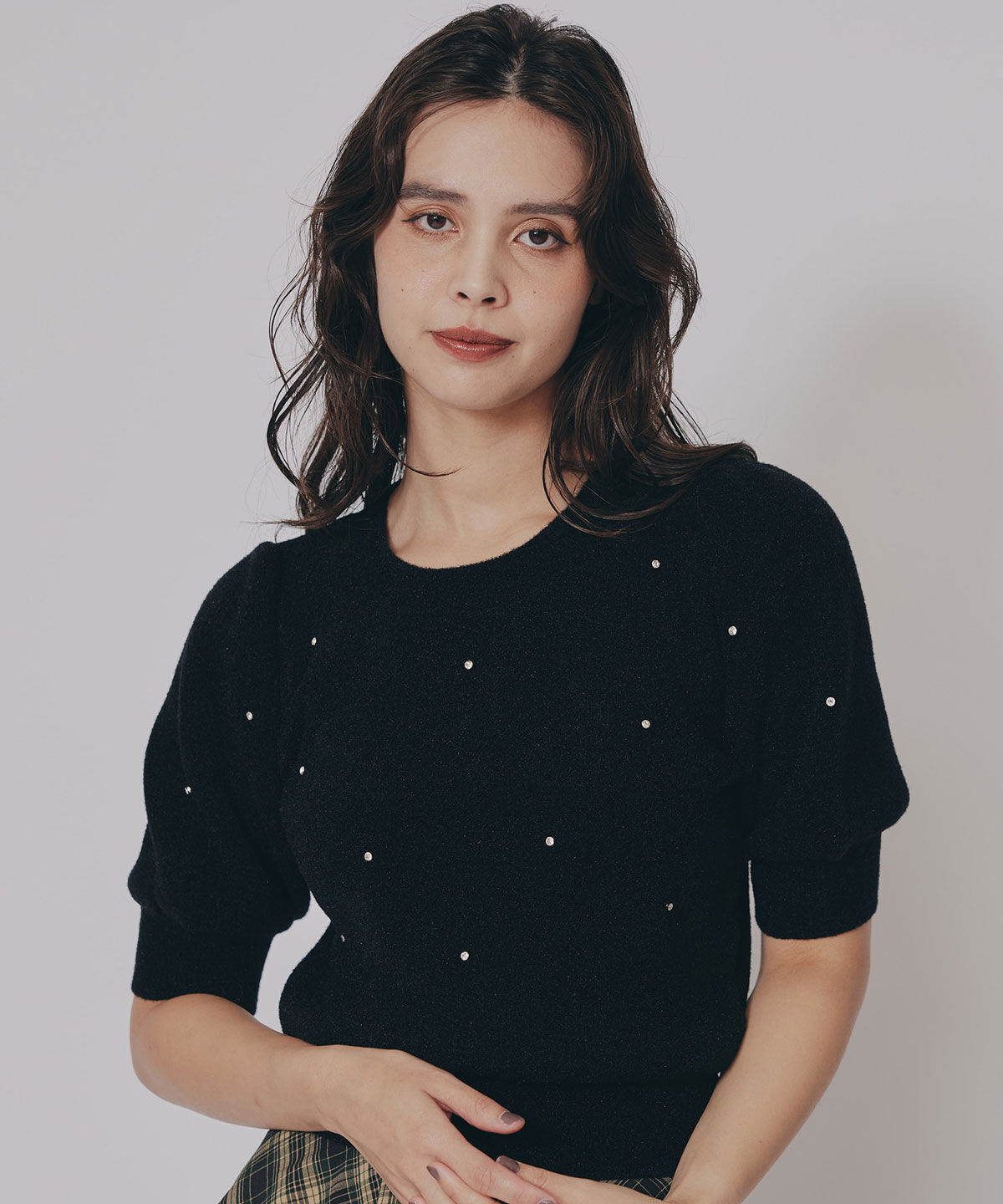 REDYAZEL「ビジューパフスリーブニットトップス」|ニット・セーター|ブラック