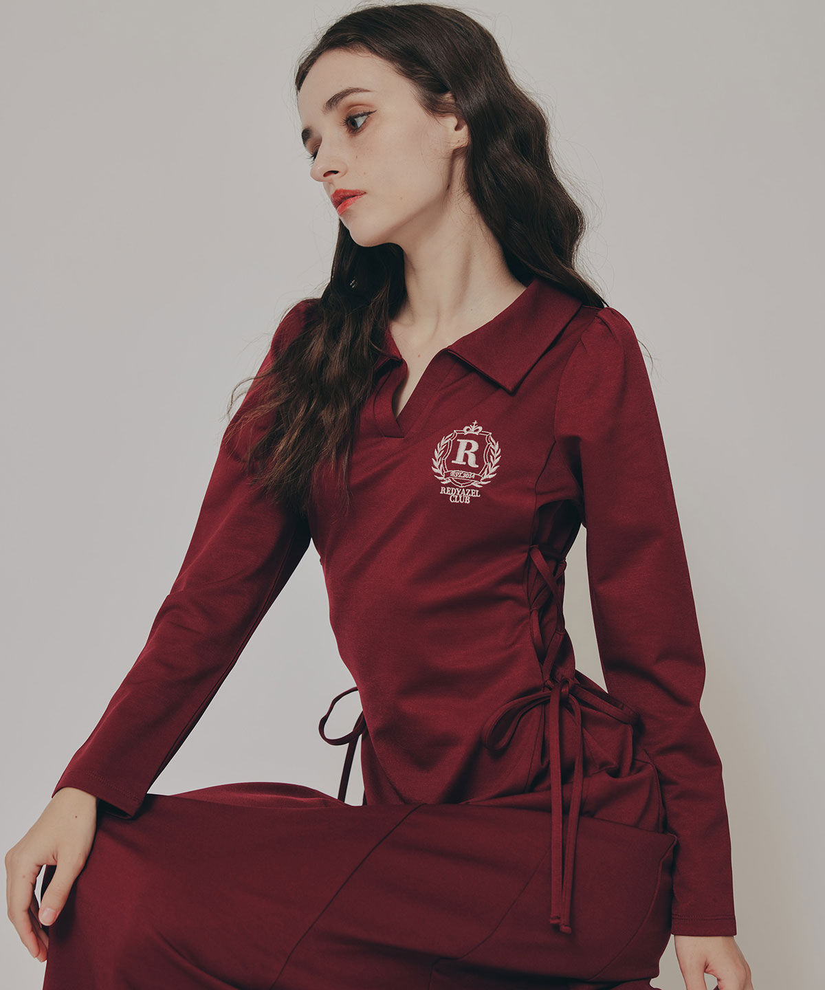 REDYAZEL「エンブレムサイドレースアップロングスリーブワンピース」|ワンピース|ボルドー