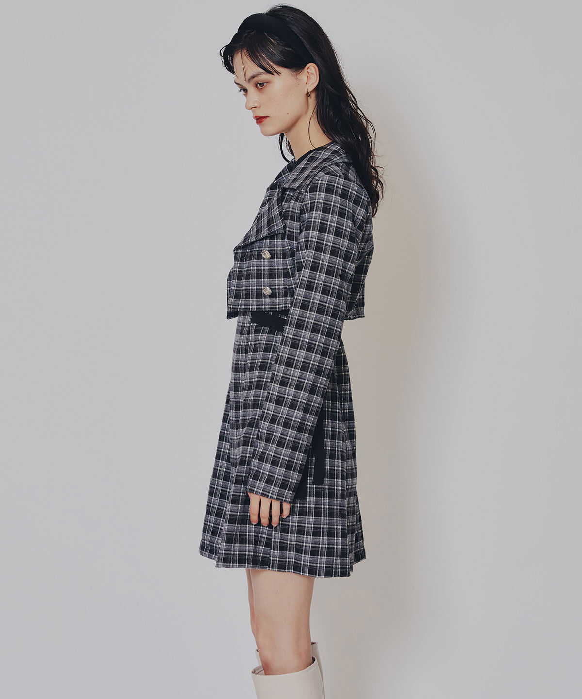 REDYAZEL「チェックショートジャケット&times;Wベルトワンピースセットアップ」|ワンピース|