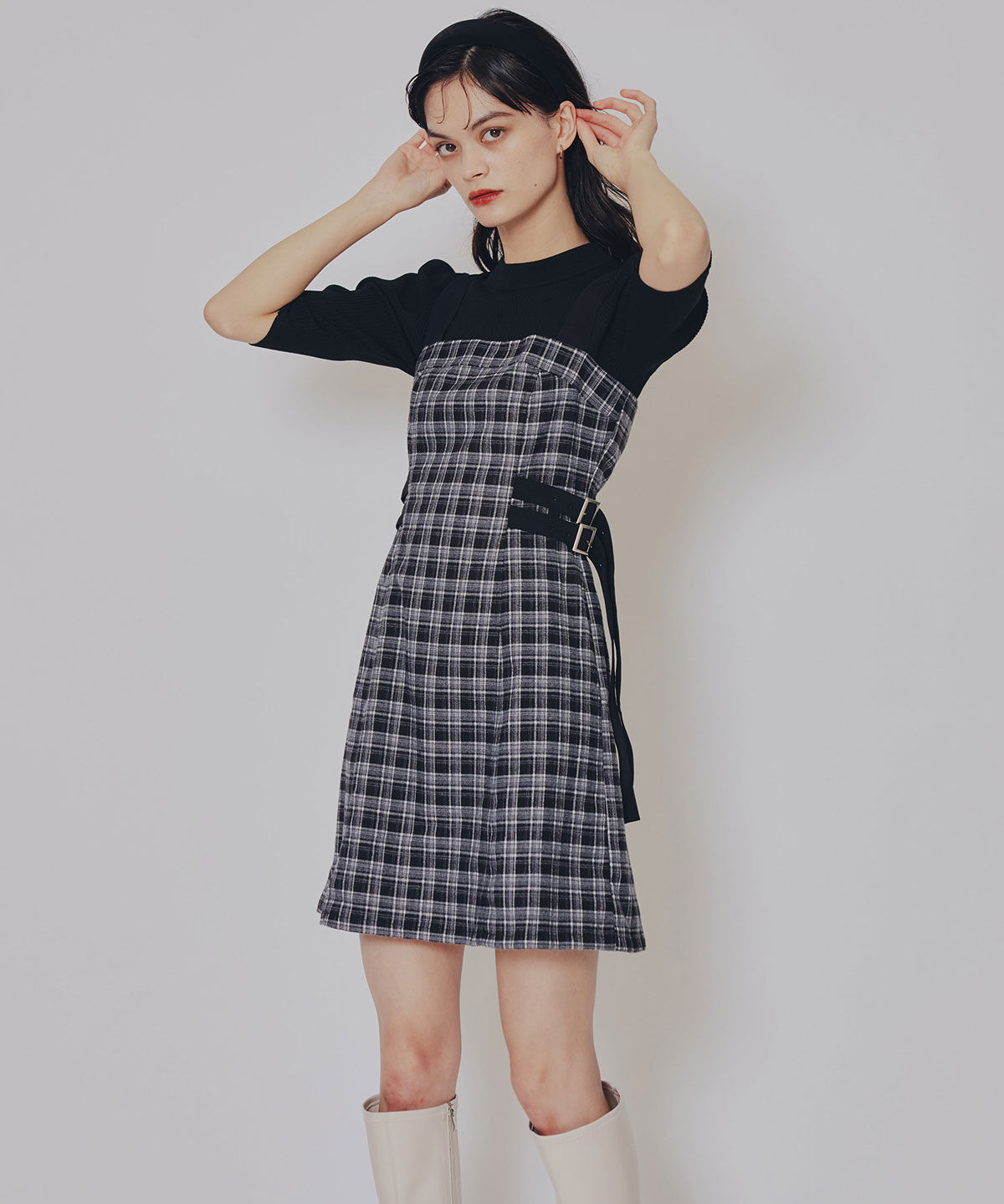 REDYAZEL「チェックショートジャケット&times;Wベルトワンピースセットアップ」|ワンピース|