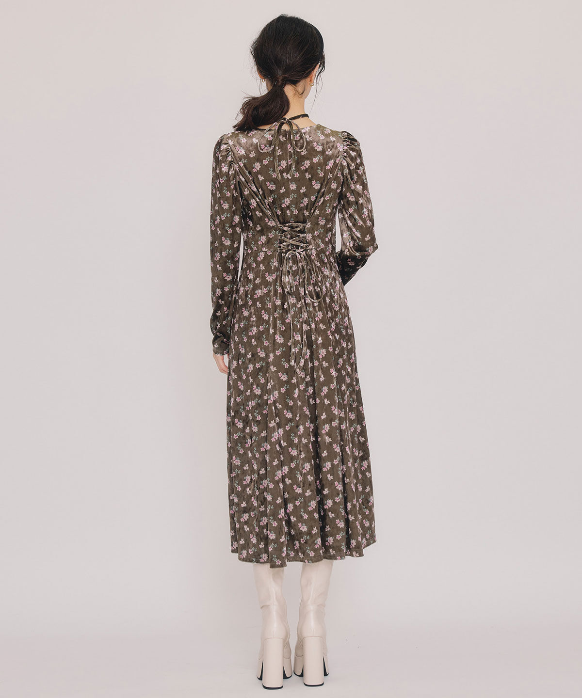 REDYAZEL「クロスリボンフラワーベロアロングワンピース」|ワンピース|