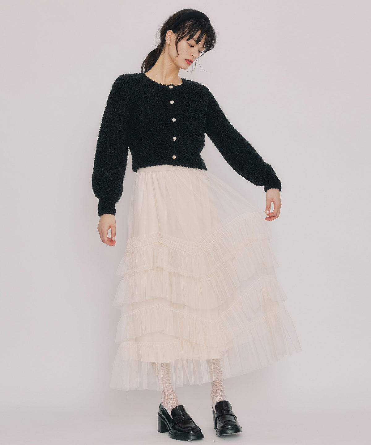 REDYAZEL「ギャザーチュールティアードロングスカート」|フレア|