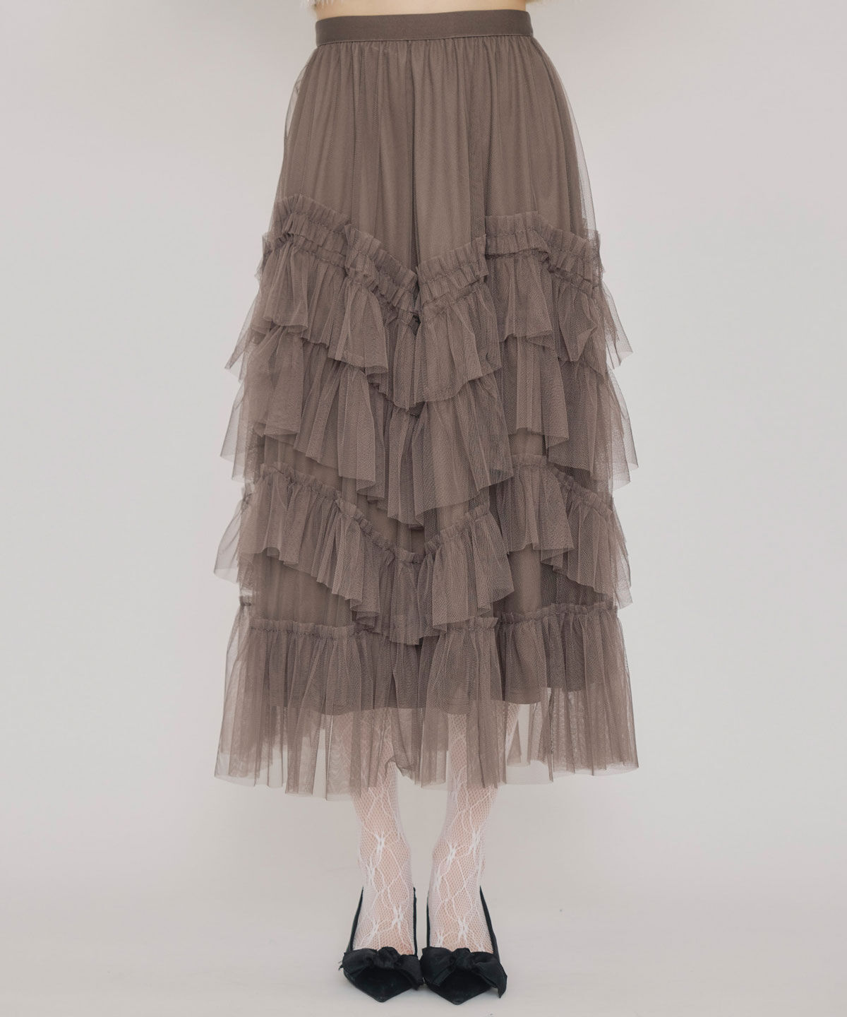 REDYAZEL「ギャザーチュールティアードロングスカート」|フレア|