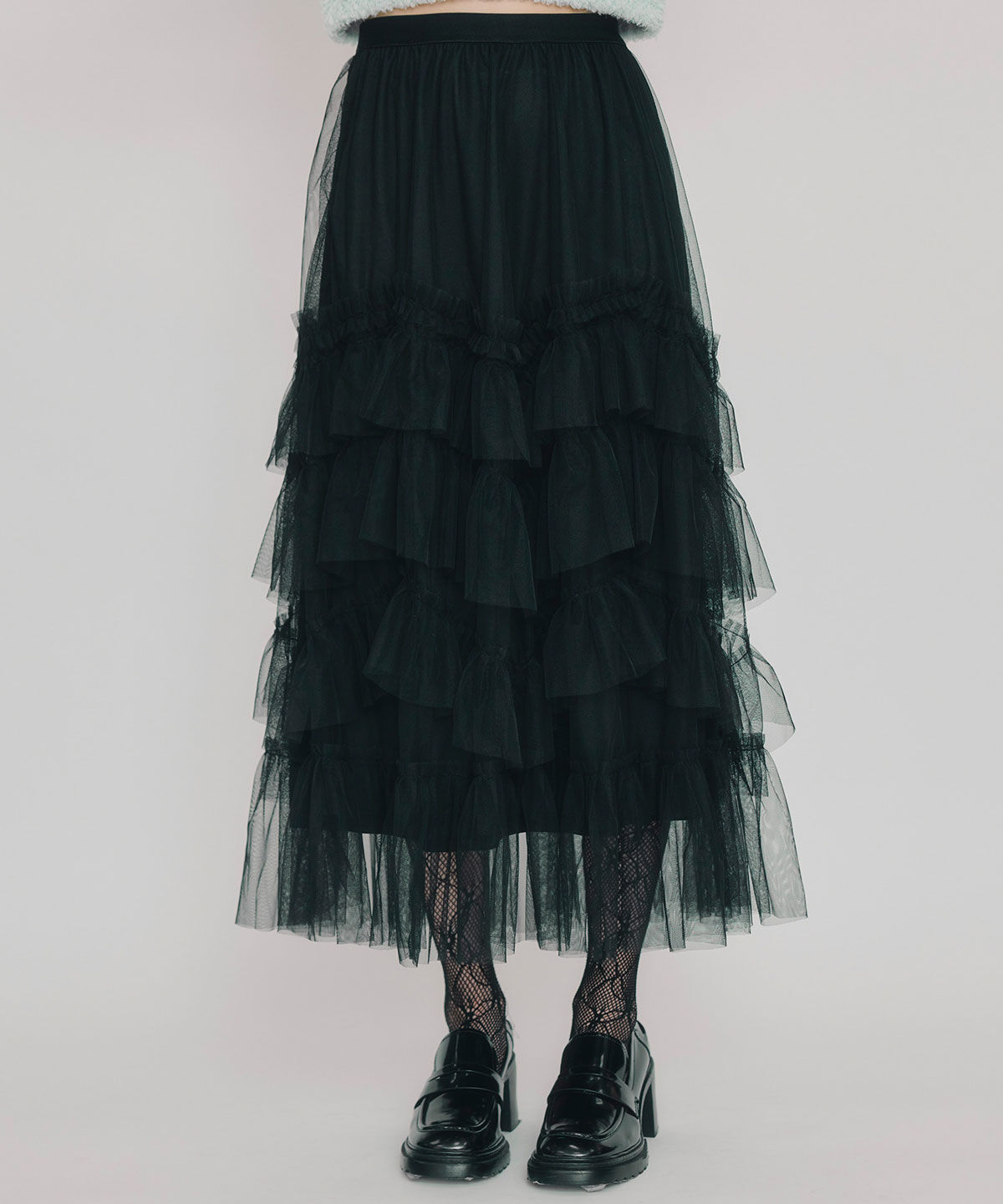 REDYAZEL「ギャザーチュールティアードロングスカート」|フレア|ブラック