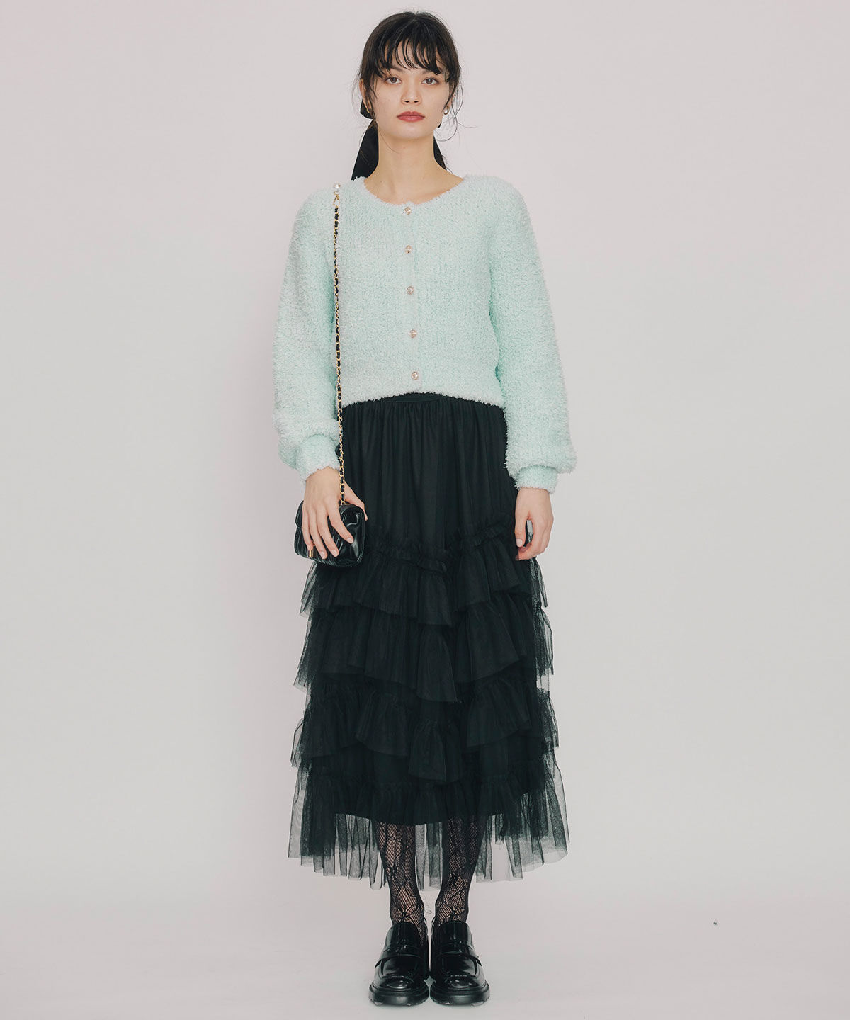 REDYAZEL「ギャザーチュールティアードロングスカート」|フレア|