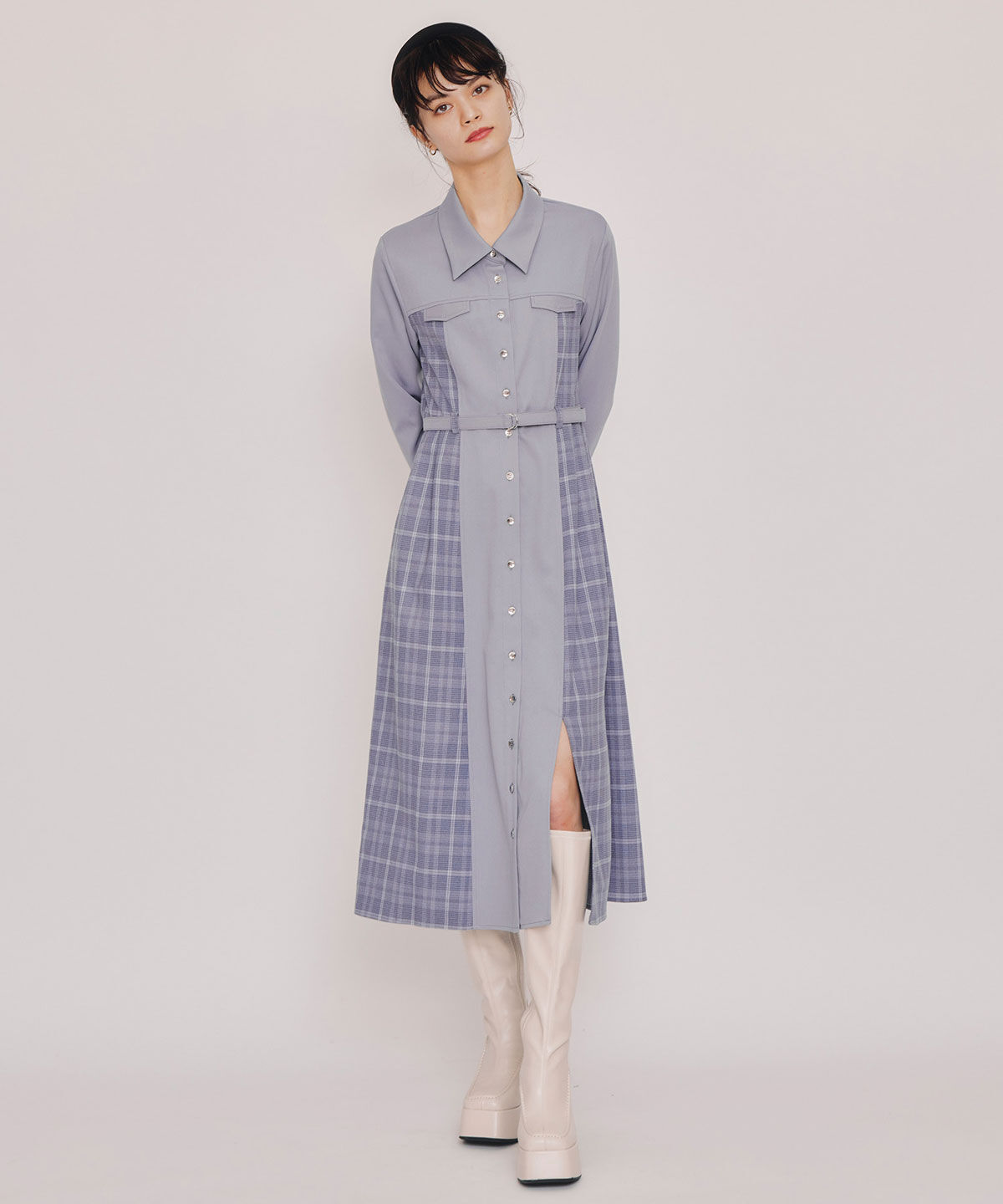 REDYAZEL「チェックパネルロングワンピース」|ワンピース|ライトグレー