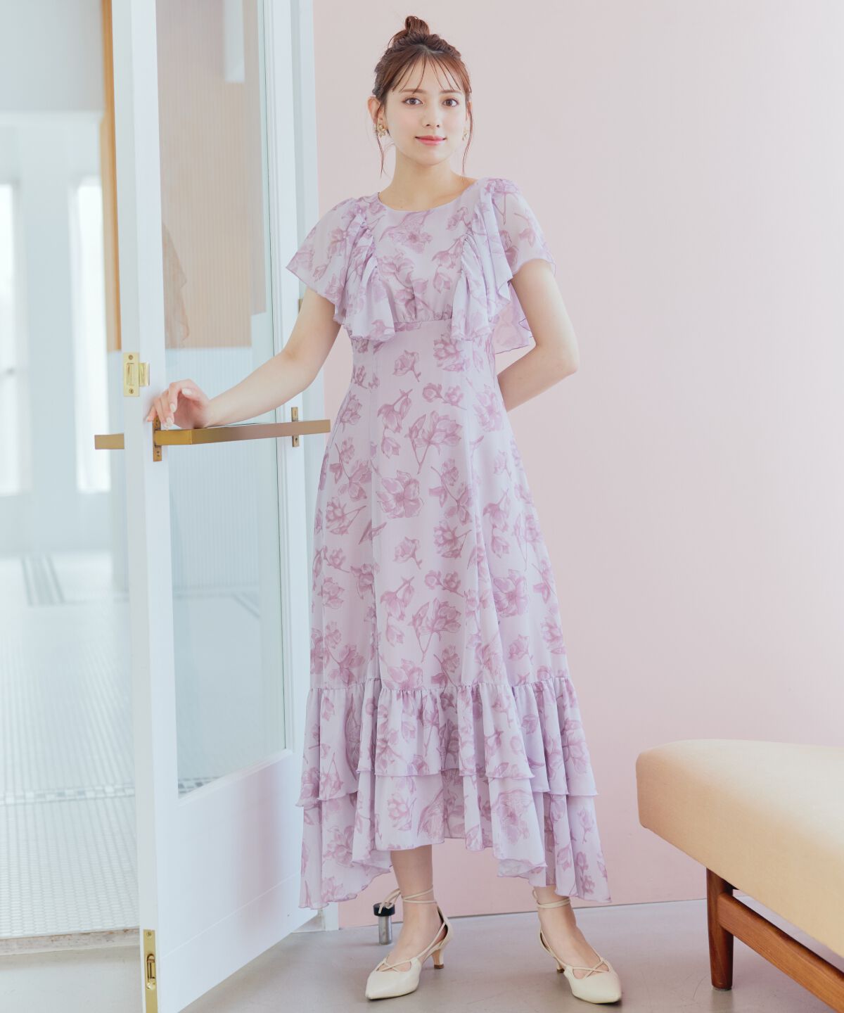 WILLSELECTION「ラインフラワー袖フリルワンピース」|ワンピース|