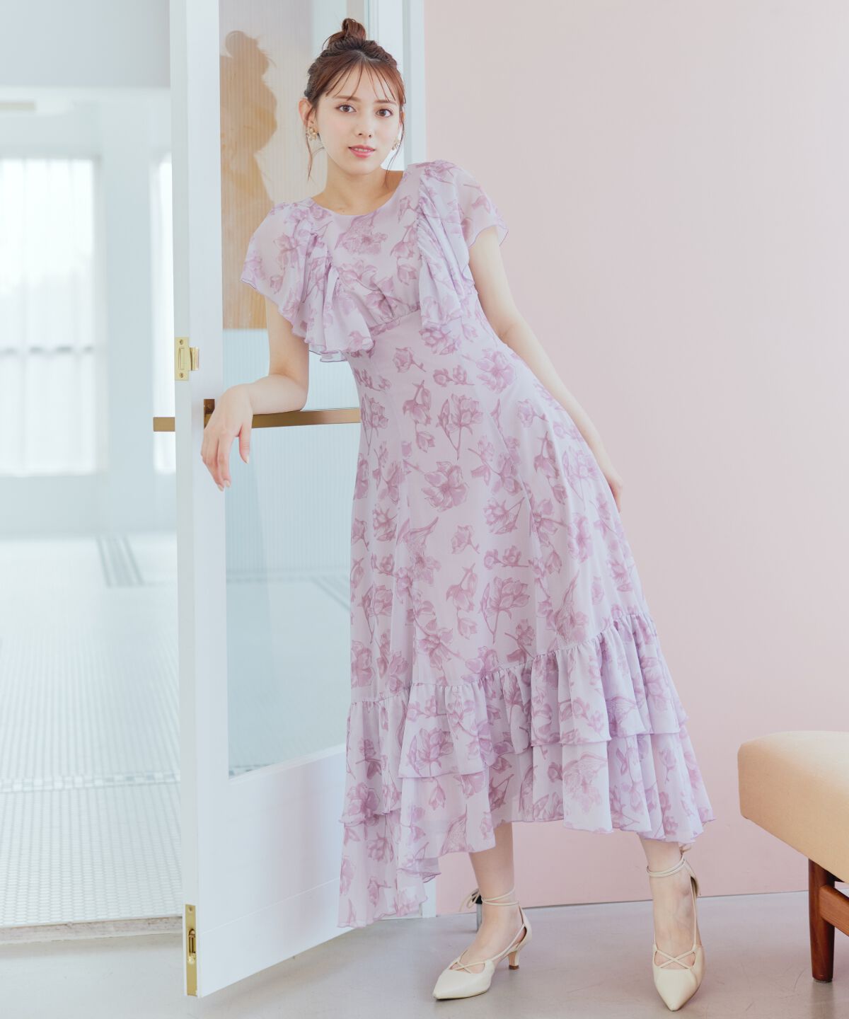 WILLSELECTION「ラインフラワー袖フリルワンピース」|ワンピース|