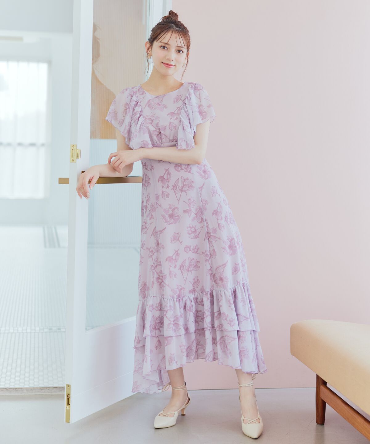 WILLSELECTION「ラインフラワー袖フリルワンピース」|ワンピース|