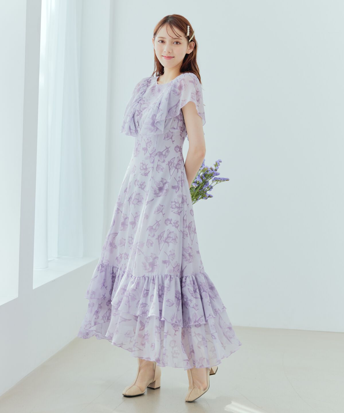 WILLSELECTION「ラインフラワー袖フリルワンピース」|ワンピース|