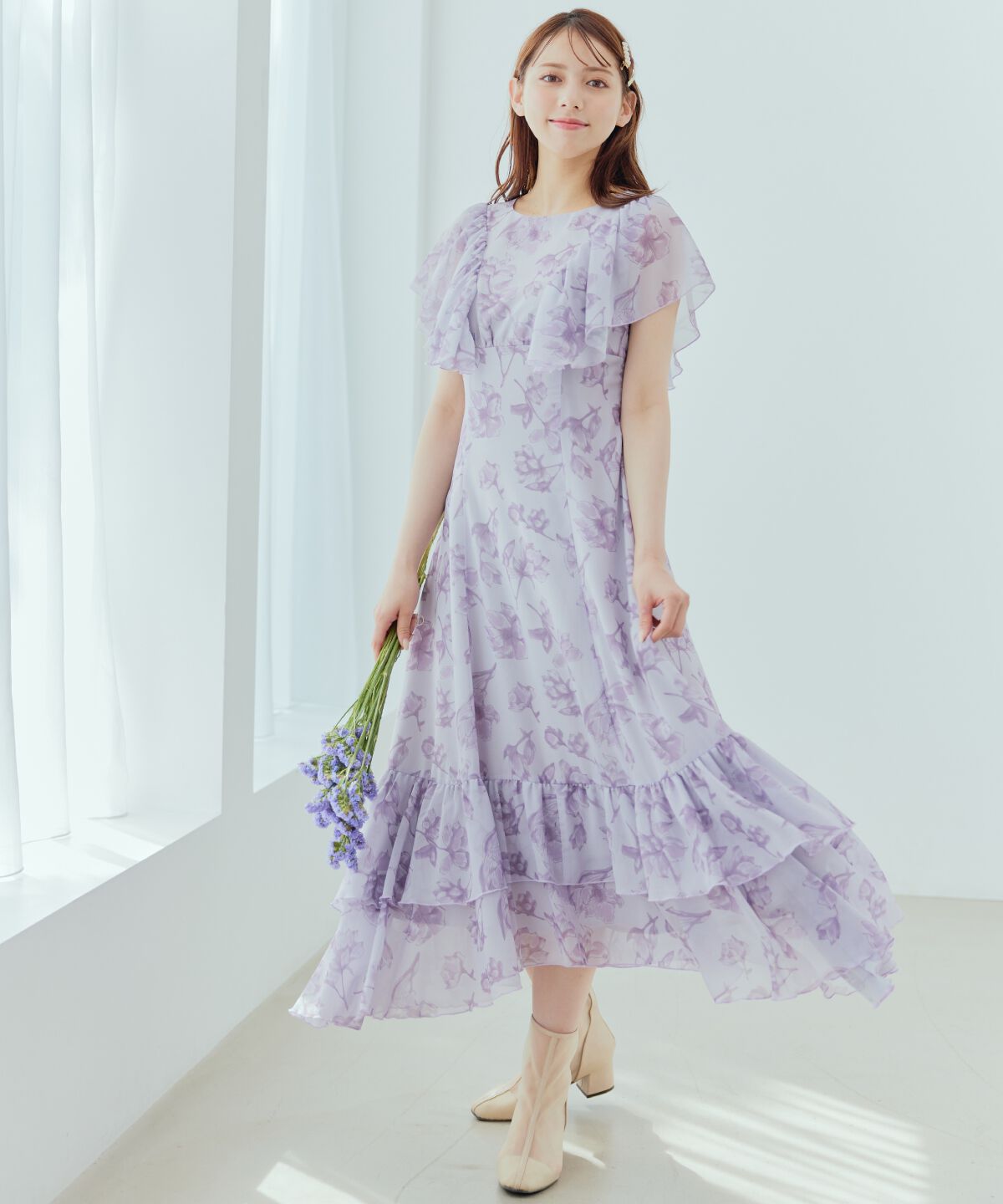 WILLSELECTION「ラインフラワー袖フリルワンピース」|ワンピース|