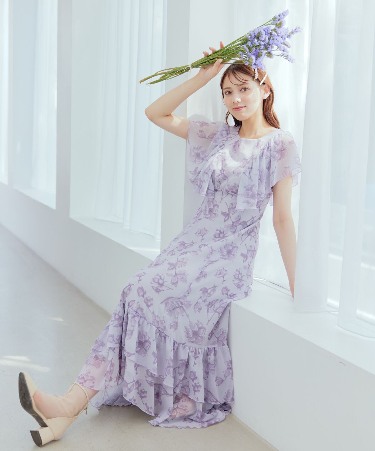 WILLSELECTION「ラインフラワー袖フリルワンピース」|ワンピース|