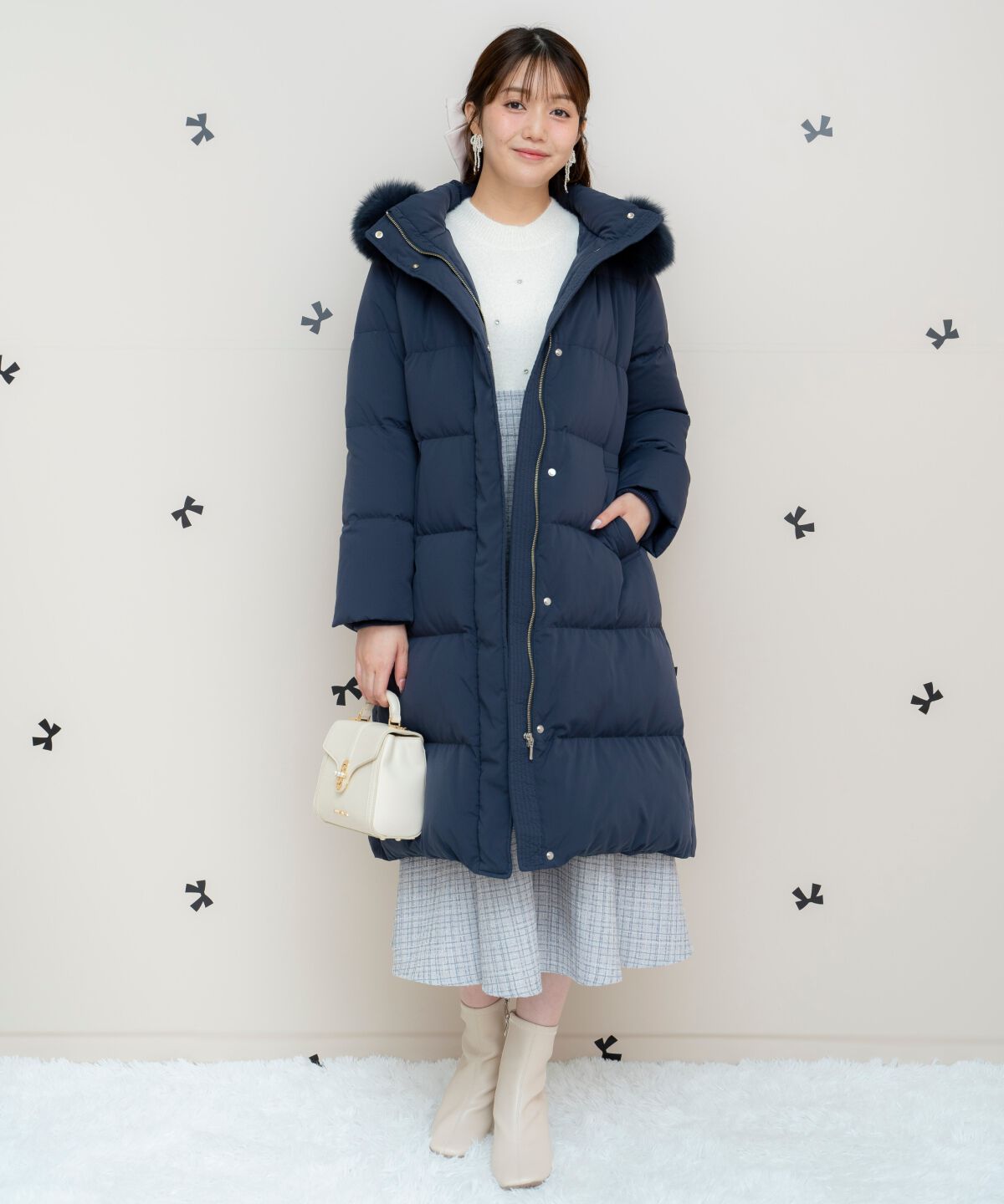 WILLSELECTION「FOXファー付きロングダウン」|ダウン|ネイビー