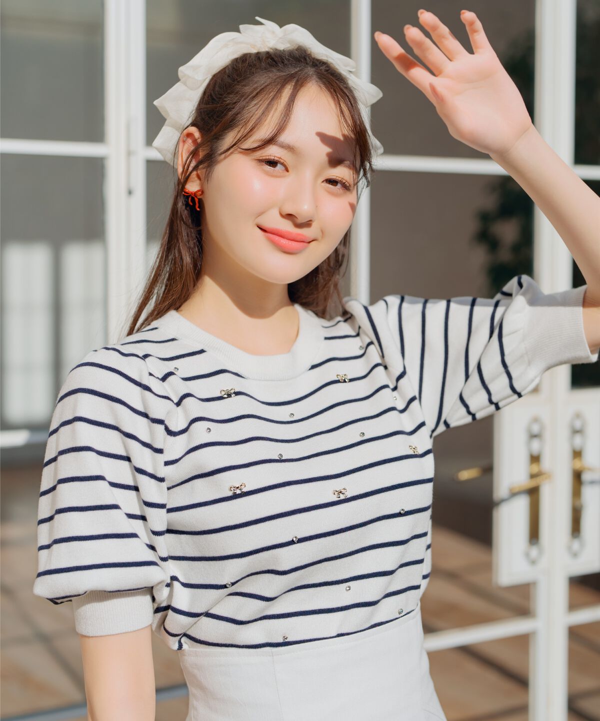 WILLSELECTION「ビジュー＆リボンパーツニットプルオーバー」|ニット・セーター|Navy/borderｽﾄﾗｲﾌﾟ