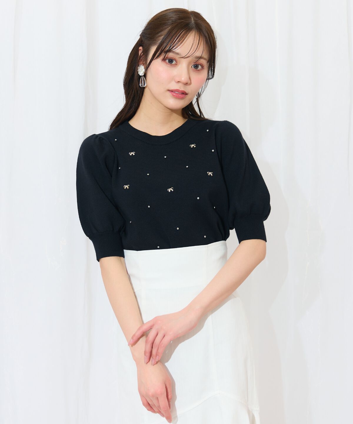 WILLSELECTION「ビジュー＆リボンパーツニットプルオーバー」|ニット・セーター|