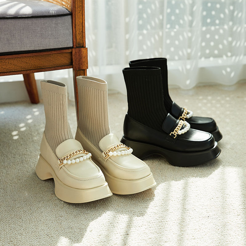 ORiental TRaffic「パールチェーン厚底ニットブーツ/31431」|ショートブーツ|WHITE