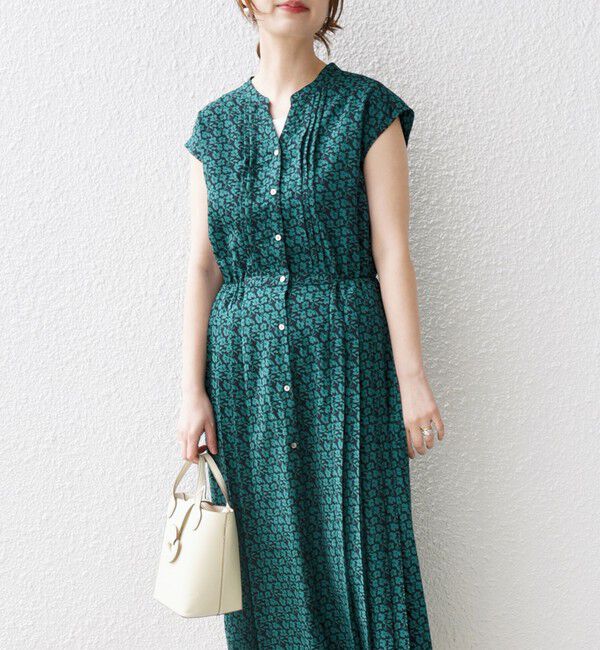 SHIPS for women「【WEB限定】〈洗濯機可能〉ドット 花柄 サイド プリーツ フレンチスリーブ ワンピース」|ワンピース|ダークグリーン