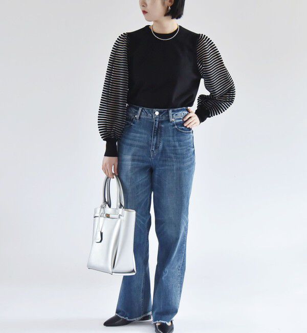 quaranciel「quaranciel:〈手洗い可能〉シアー ボーダー ボリュームスリーブ プルオーバー」|ニット・セーター|