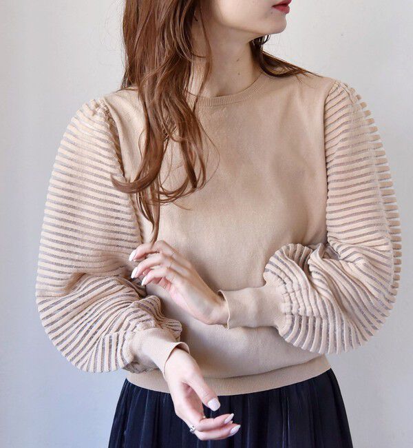quaranciel「quaranciel:〈手洗い可能〉シアー ボーダー ボリュームスリーブ プルオーバー」|ニット・セーター|ベージュ