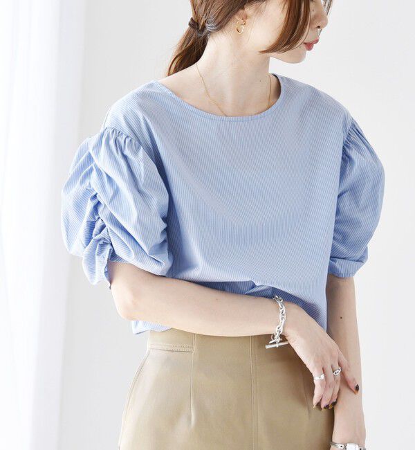 quaranciel「quaranciel:〈手洗い可能〉ギャザー ハーフスリーブ ストライプ ブラウス」|シャツ・ブラウス|ライトブルー