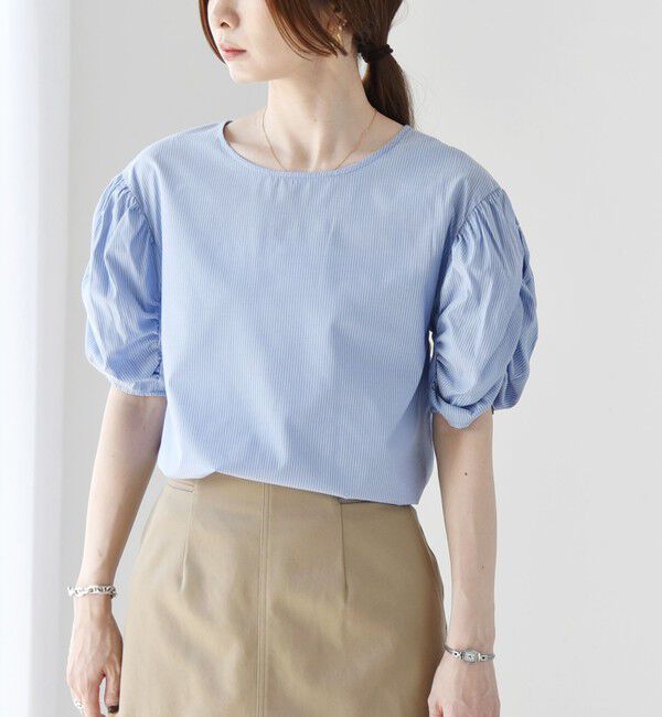 quaranciel「quaranciel:〈手洗い可能〉ギャザー ハーフスリーブ ストライプ ブラウス」|シャツ・ブラウス|