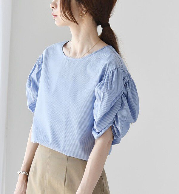 quaranciel「quaranciel:〈手洗い可能〉ギャザー ハーフスリーブ ストライプ ブラウス」|シャツ・ブラウス|