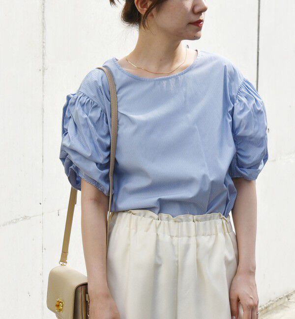 quaranciel「quaranciel:〈手洗い可能〉ギャザー ハーフスリーブ ストライプ ブラウス」|シャツ・ブラウス|