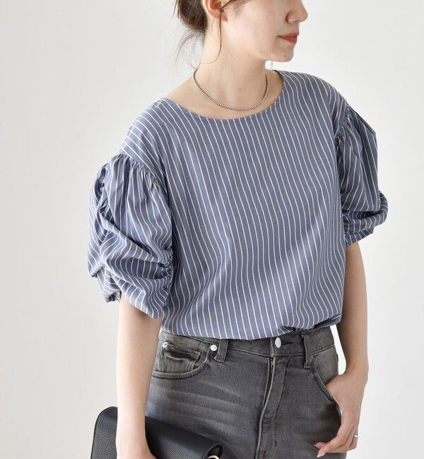 quaranciel「quaranciel:〈手洗い可能〉ギャザー ハーフスリーブ ストライプ ブラウス」|シャツ・ブラウス|