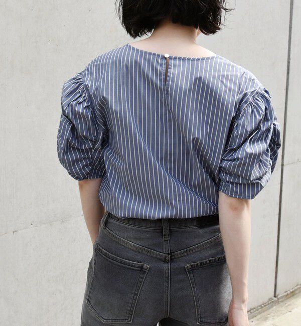 quaranciel「quaranciel:〈手洗い可能〉ギャザー ハーフスリーブ ストライプ ブラウス」|シャツ・ブラウス|