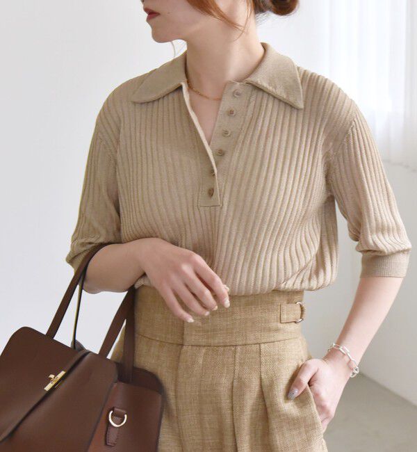 quaranciel「quaranciel:〈手洗い可能〉シアー ラメ ポロ リブ ニット プルオーバー」|ニット・セーター|