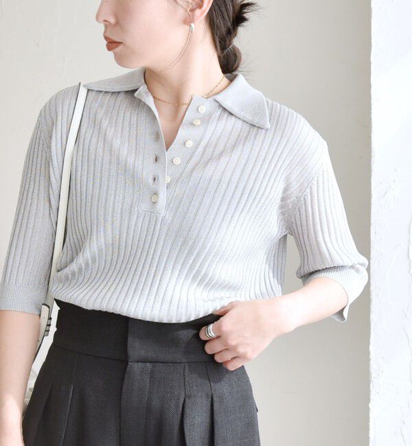 quaranciel「quaranciel:〈手洗い可能〉シアー ラメ ポロ リブ ニット プルオーバー」|ニット・セーター|