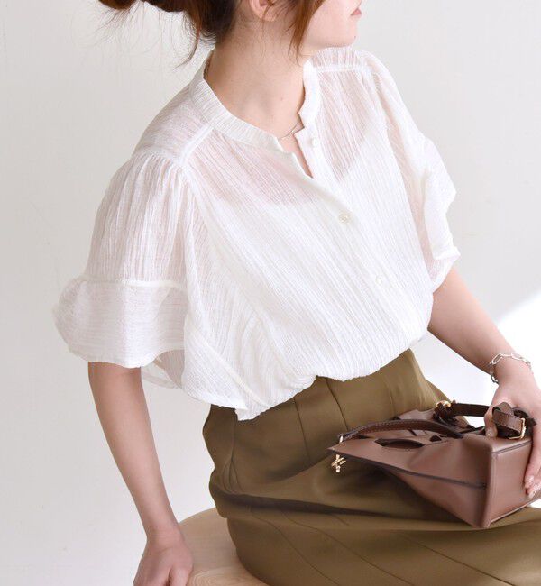 quaranciel「quaranciel:〈洗濯機可能〉スタンドカラー シアー フリル ハーフスリーブ ブラウス」|シャツ・ブラウス|ホワイト