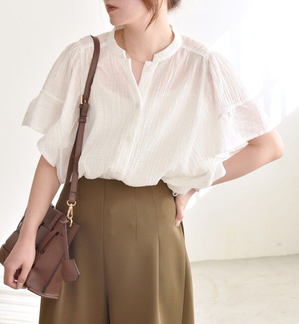 quaranciel「quaranciel:〈洗濯機可能〉スタンドカラー シアー フリル ハーフスリーブ ブラウス」|シャツ・ブラウス|