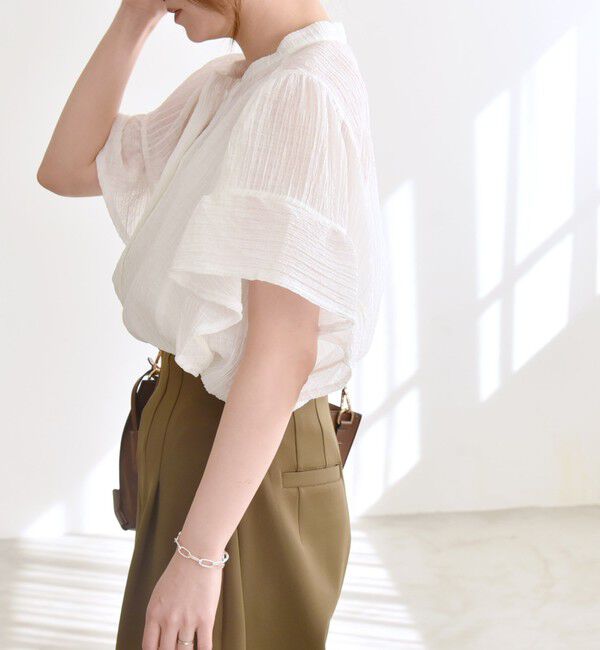 quaranciel「quaranciel:〈洗濯機可能〉スタンドカラー シアー フリル ハーフスリーブ ブラウス」|シャツ・ブラウス|