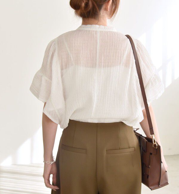 quaranciel「quaranciel:〈洗濯機可能〉スタンドカラー シアー フリル ハーフスリーブ ブラウス」|シャツ・ブラウス|