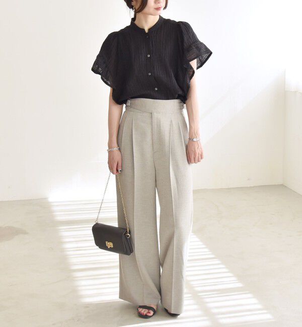 quaranciel「quaranciel:〈洗濯機可能〉スタンドカラー シアー フリル ハーフスリーブ ブラウス」|シャツ・ブラウス|